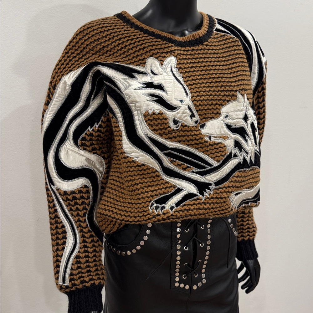 Zadig & Voltaire Deluxe Oversized Wool Alpaca Sweater Dragon Wolf Appliqué S